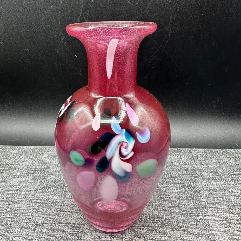 Hand Blown Pink Art Glass Vase Confetti Murano Style 7.5”